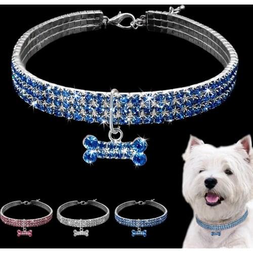 Bling Crystal Dog Collar Necklace Rhinestone Cat Dog Necklaces Collars with Bone Pendant Pet Accessories For Chihuahua Yorkshire