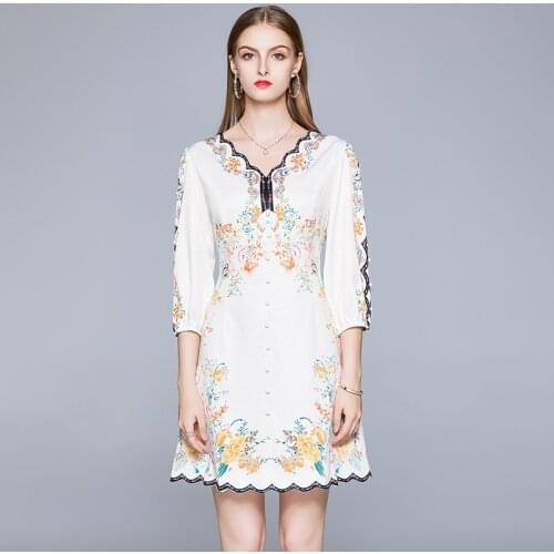 Elegant Lady Womens New Dress Office Print V-neck Three Quarter Dress Lace Button Floral Empire A-line Above Knee Mini Dress