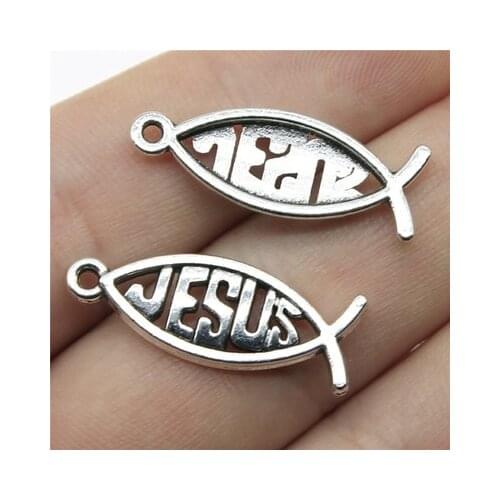 10pcs/lot 27x10mm Fish Jesus Charms Antique Bronze Silver Color Pendants DIY Crafts Making Findings Handmade Tibetan Jewelry