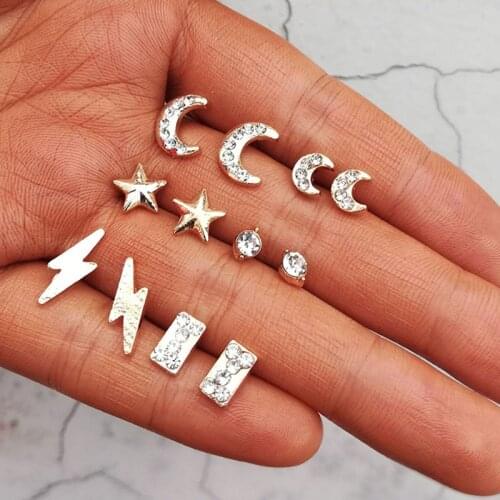 6 Pair/Pack Romantic Small Cute Gold Silver Color Moon Star Geometric Crystal Lightning Crescent Stud Earrings Sets Gifts Girls