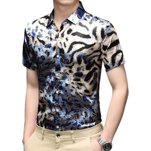 Mens Leopard Print Shirts Summer Man Silk Steetwear Short Sleeve Male Stripes Satin Silk Dress Shirts