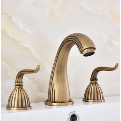 Retro Vintage Antique Brass Two Handle Deck-Mount 3 Hole Widespread Bathroom Lavatory Vessel Basin Faucet Sink Mixer Tap dtf631
