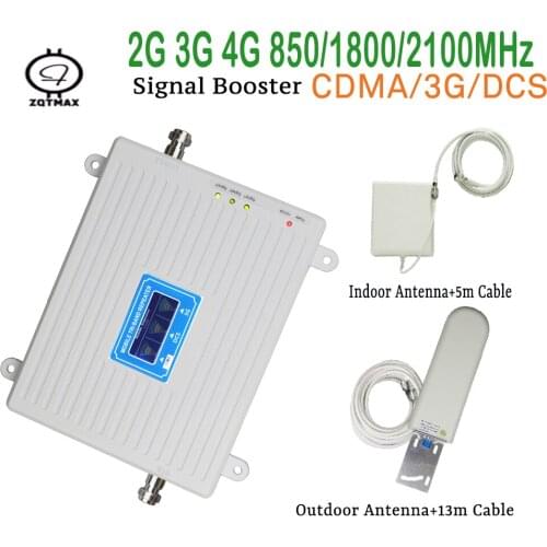 ZQTMAX Tri Band 850 1800 2100 2G 3G 4G cell phone signal booster gsm mobile signal amplifier kit lte repeater + antenna sets