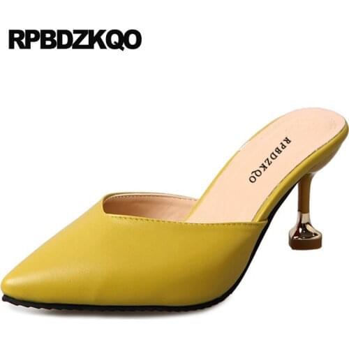 Pointed toe pumps sandals high heels ladies yellow shoes 2019 mules slipper beige thin size 4 34 office new stiletto 3 inch