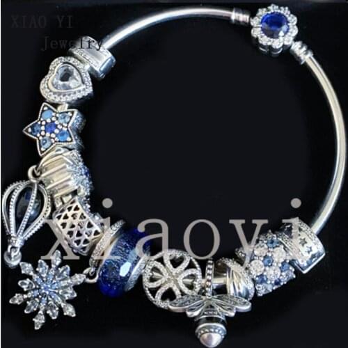 XIAOYI 2020 New 100% S925 Blue balloon snow sky bee transparent zircon DIY bracelet suitable for beautiful European girls gift