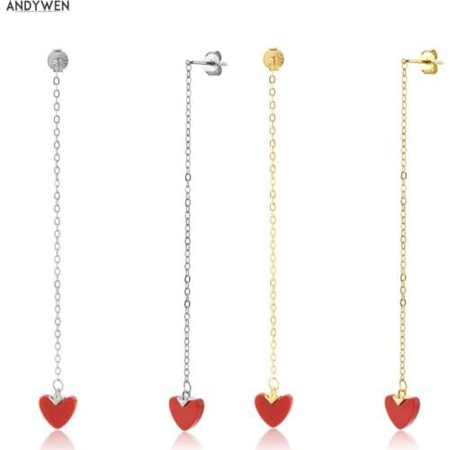 ANDYWEN 925 Sterling Silver Gold Red Heart Love Drop Earring Long Chain 8cm Women Luxury Fine Jewelry Clip Piercing Party Gift