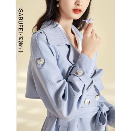 Fall 2021 new windproof windbreaker womens turn-over collar waist temperament pure color long coat women