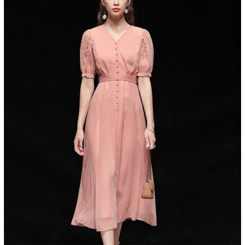 Runway Designer Dress Women 2021 High Quality V-neck Short Sleeve Pink Chiffon Midi Dresses for Women Vestidos De Mujer Casual