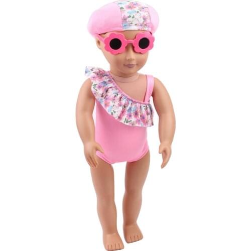 18 Inch American Doll Girls Pink Lace Swimsuit + Swim Cap Newborn Baby Toys Accessories Fit 40-43 Cm Boy Dolls Gift c181