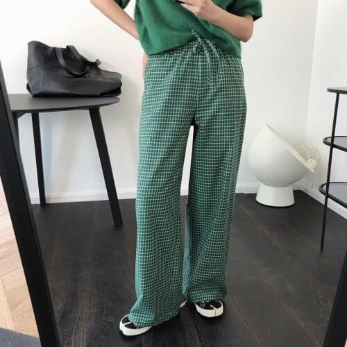 2020 Summer Casual Green Plaid Cotton High Waist Straight Chic Women Wide Leg Pants Female Trousers