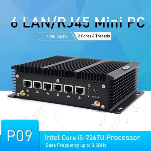 Fanless Mini PC with 6 Intel Lan Port Celeron 3865U Core i5 7267U Industrial Windows 10 Pro Linux with SD card slot DDR3