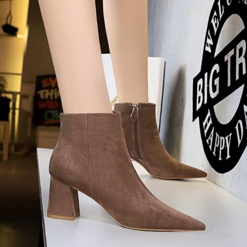 BIGTREE Fashion Flock Ankle Boot Women Solid Winter Pointed Toe Side Zip 6.5CM Thick Heels Boots Ladies Club Short Plush Booties