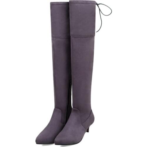 Big Size Slim-legged womens boots with mid-heel tip stretching over knee