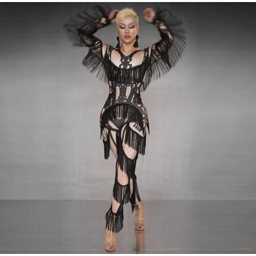 Black Tassel Long Sleeves Jumpsuit Women Dancer Leggings Romper Singer Stage Performance Show Outfit