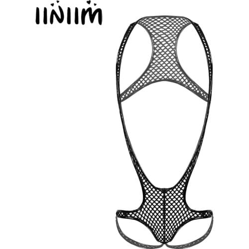 Iiniim Mens Jockstraps Pouch Bodysuit Patent Leather Edges Hollow Out Fishnet Singlet Lingerie Teddies Club Pole Dance Costume