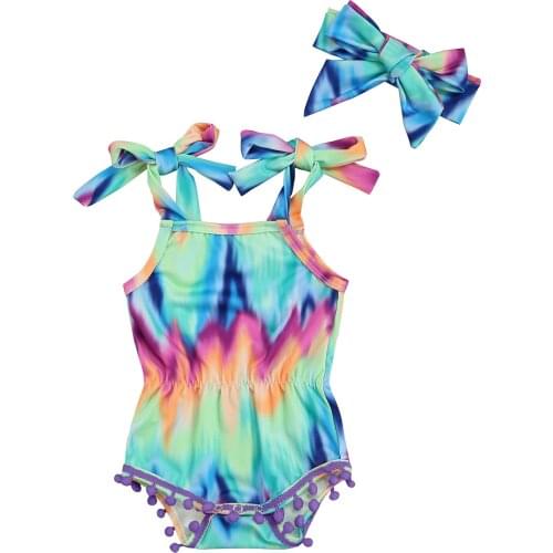Baby Girls Romper+Bow Headband Tie-dye Print Bright Colors Fur Ball Tassel Summer Clothing Lace Up Bodysuits