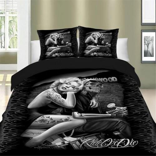 3D Skull Duvet Cover Set Gothic Sexy Girl On Motorcycle Bed Linen Single Double Bedding Set Twin Full Queen King Adult Bed Cover