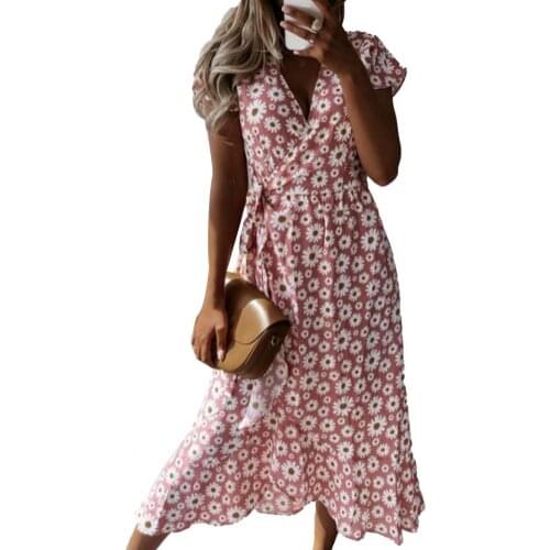 Summer Lady Long Dress V Neck Wide Hem Female Women Vintage Floral Printing Casual Dress for Beach Loose Hem Beach Dresses