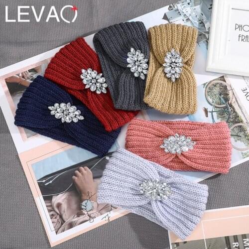 Levao Rhinestone Solid Color Knitting Hair Bands For Women Autumn Winter Keep Warm Headband Turban Hair Accessories