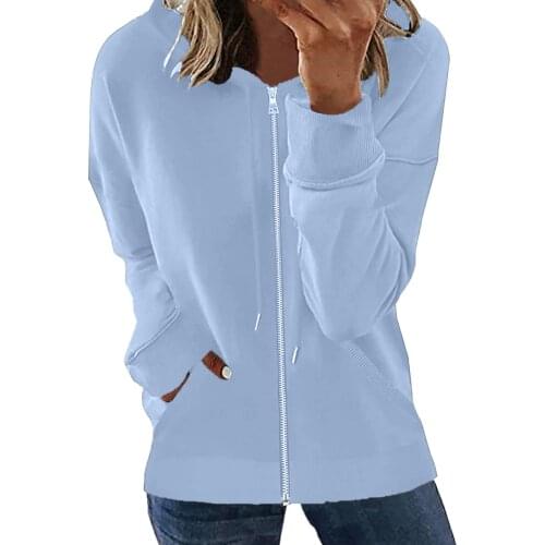 Solid Hoodies Womens Zipper Up Fashion Casual Long Sleeve Drawstring Pockets Hooded Sweatshirt Tops Coat Female Sweatshirt