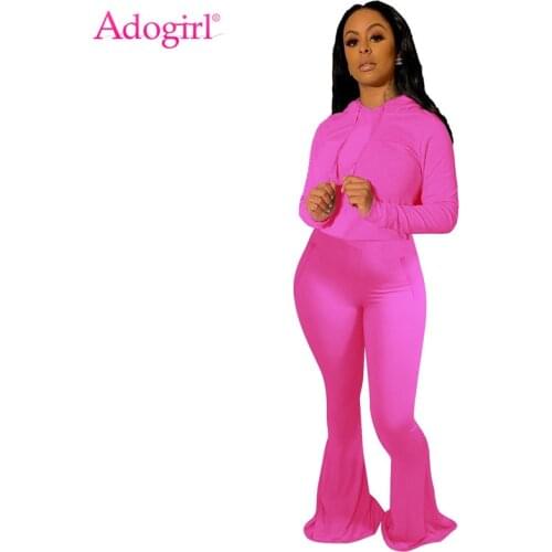 Adogirl 2020 Autumn Women Tracksuit Long Sleeve Hoodies Big Bell Bottom Flare Pants Solid Two Piece Set Fashion Casual Suits