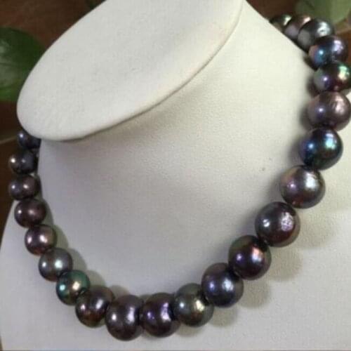 Stunning huge18"13-15mm freshwater round black red multicolor pearl necklace 925silver