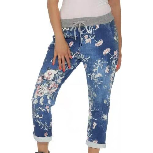 Skin-friendly Fashion Lace-up Flower Print Denim Pants Soft Casual Trousers Elastic Waist for Dating