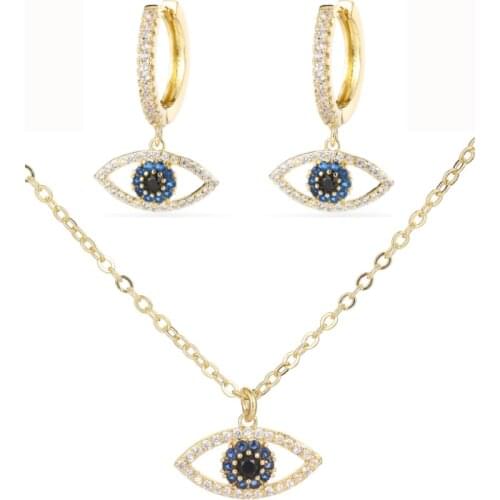 Fashion Cubic Zircon Tiger Eye Pendant Earrings And Necklace Set Blue Cz Eye Choker Necklace For Women Lucky Jewelry 2020