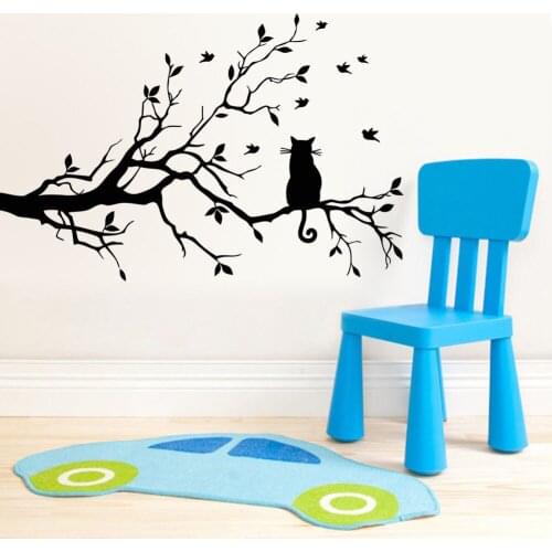Cat On Tree Branch Birds Wall Sticker Tree Vinyl Wall Decal Adesivi Murali Glass Film Window Stickers Home Decoration D101