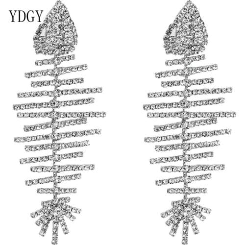 YDGY Luxury Wedding Earrings Crystal Fish Bone Long Drop Earrings for Women Bridal Dangle Earrings Statement Jewelry Gift
