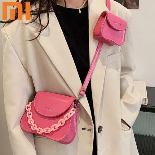 Women 2 Piece Set Crossbody Bag Acrylic Chain Small Handbag Pu Leather Shoulder Messenger Bags With Coin Purse Female Mini Bag