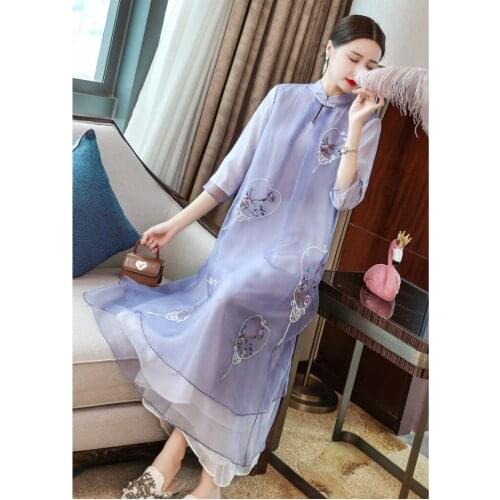 New summer original Chinese retro Zen style flower Embroidered big size mandarin collar button Cheongsam loosen dress for women
