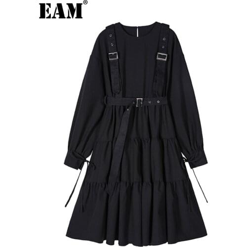 [EAM] Women Black Bandage Split Joint Midi Dress New Round Neck Long Sleeve Loose Fit Fashion Tide Spring Autumn 2021 1Z235