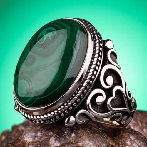 925 Sterling Silver Mens Green Malachite Stone Ring Mens Ring with Stone Quality Silver Malachite Ring