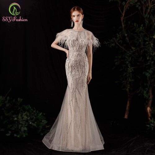 SSYFashion New High-end Mermaid Evening Dress with Cape Luxury Sexy Slim Sequins Beading Fishtail Long Prom Formal Gown Vestidos