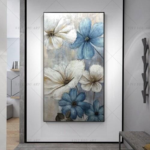 100% Handmade White Blue Flowers Abstract Painting Modern Art Picture For Living Room Modern Cuadros Canvas Art High Quality
