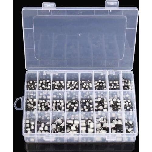 400Pcs/lot 1uF-1000uF 6.3V-50V 24Values SMD Aluminum Electrolytic Capacitors Assortment Kit + Box DIY