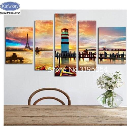 5pcs/set,DIY Diamond Embroidery lighthouse 5D Nature Scenery Picture Full Square Rhinestones Needlework Hobby Home Decoration
