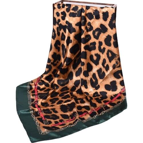 AMYO Fashion Leopard Print Square Scarf Silk Satin Bandana Women Summer Bohemian Indian Muslim Islamic Hijab 90*90CM