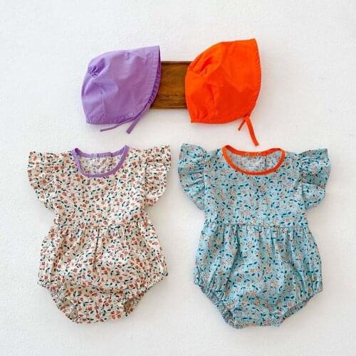 Summer Newborn Toddler Baby Girls Bodysuits Cute Infant Baby Girl Flying Sleeve Floral Bodysuit Jumpsuit Hat Outfits Clothes