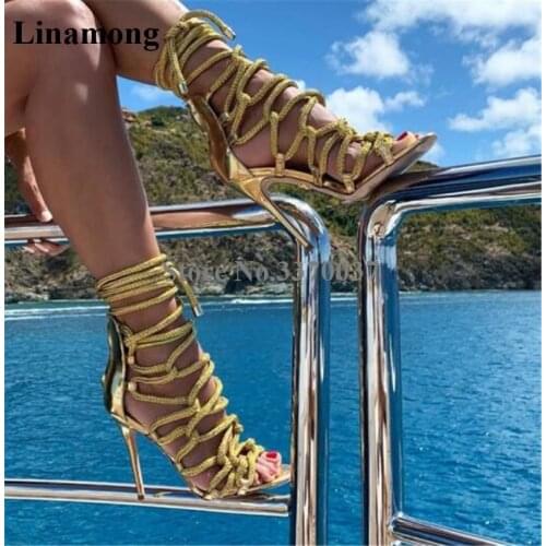 Brand Design Women Fashion Open Toe Ropes Straps Cross Stiletto Heel Gladiator Sandals Gold Blue Pink High Heel Sandals Shoes