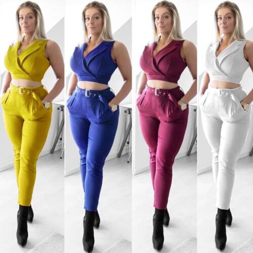 Elegant Two Piece Set Women Crop Top And Long Pants Office Sets Casual Business Matching Suit Sets Outfits Lady Clothes Plus Siz