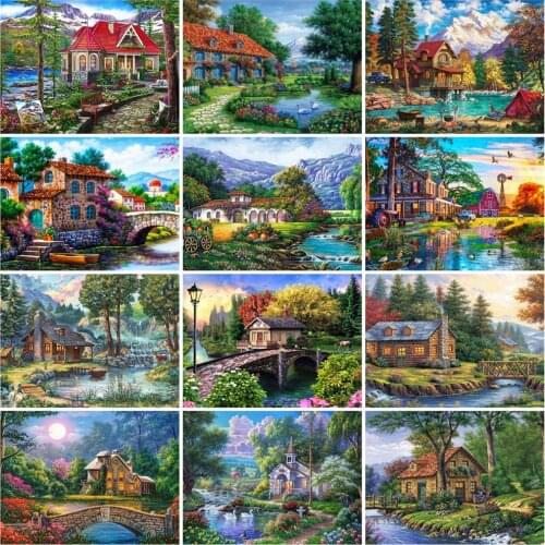 HUACAN Oil Painting By Number House Landscape Drawing On Canvas HandPainted Art Gift DIY Coloring By Number Kits Home Decoration