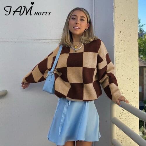 Checkerboard Plaid Sweater Women Pull Oversized Sweaters Vintage Pullovers Loose Jumper y2k Aesthetic Tops Fall Winter Iamhotty