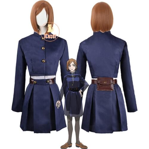 5 PCS Nobara Kugisaki Anime Jujutsu Kaisen Cosplay Costume Brown Wig Blue School Girl Uniform Skirt Set Party Outfits