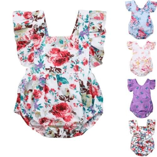 Cute Newborn Baby Girl Floral Ruffle Bodysuits Sleeveless Jumpsuit Clothes One-piece Outfit Sunsuit Summer Casual Baby Clothes