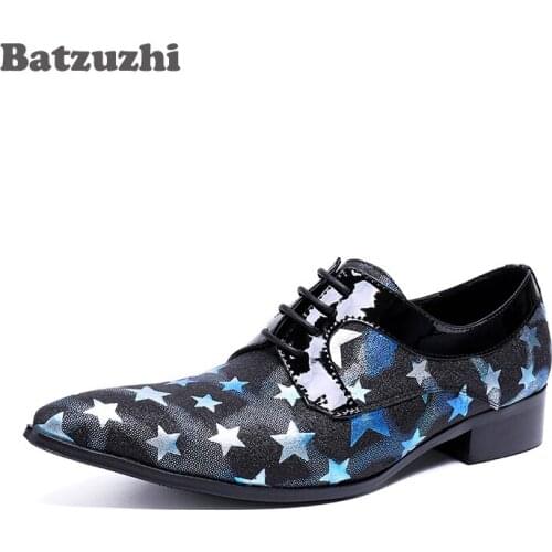 Handmade Dress Shoes Men Pointed Toe Black Blue Genuine Leather Shoes Men with Stars Lace-up Party, Runway Business Shoes Men