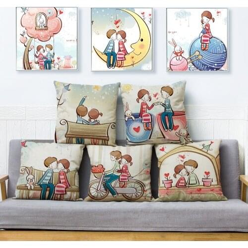 Cartoon Lovers Boy Girl Print Pillow Cover 45*45cm Throw Pillows Cases Linen Cushion Cover Car Sofa Home Decor Cushion Covers