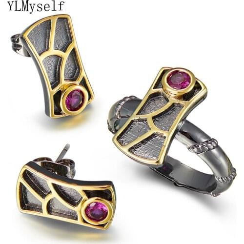 Irregular Long shape Earrings ring sets Fuchsia Cubic Zirconia Grid design Jewellery Jewelry 2pcs set for women
