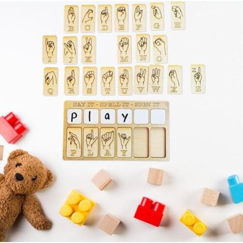 Educational Toys Sign Language Learning Board Wooden Matching Letter Game Toy For Kids Reusable Wood Childrens BLearning Cards